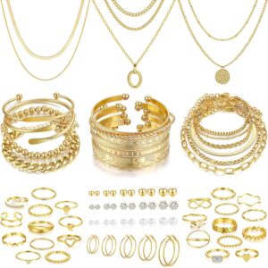 FAXHION 68 Pcs Gold Jewelry Set for Women with 7 Necklace, 17 Bracelet, 5 Hoop Earrings, 15 Stud Earrings, 24 Knuckle Rings for Women Jewelry Set for Women Gift