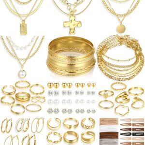 FANDY 137 Pieces Gold Jewelry Set for Women, 12 Necklace, 14 Bracelet, 21 Earrings, 24 Knuckle Rings, 66 Hair Accessory Gold Plated Jewelry Set for Women Gift