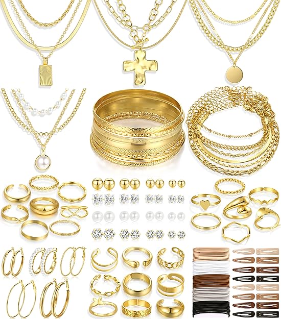 FANDY 137 Pieces Gold Jewelry Set for Women, 12 Necklace, 14 Bracelet, 21 Earrings, 24 Knuckle Rings, 66 Hair Accessory Gold Plated Jewelry Set for Women Gift - Image 3